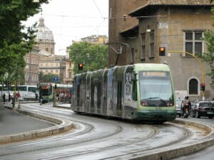 ATAC 9200 series tram no. 9248 on Line 8, Via Arenula, Rome